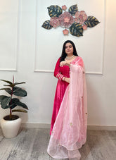 Pink velvet anarkali with organza dupatta - kasumi.in